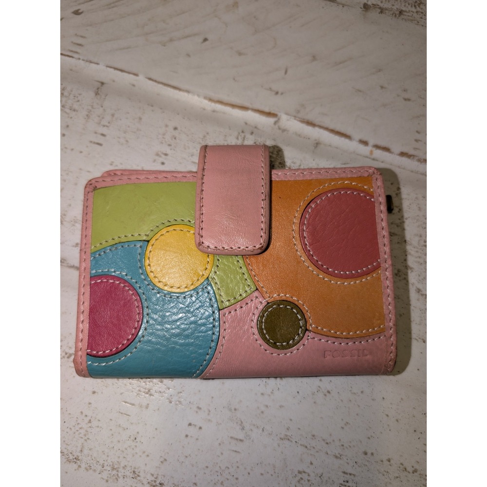 Fossil Wallet Genuine Leather Bright Patch Geometric Bi-fold Organizer Tab Snap